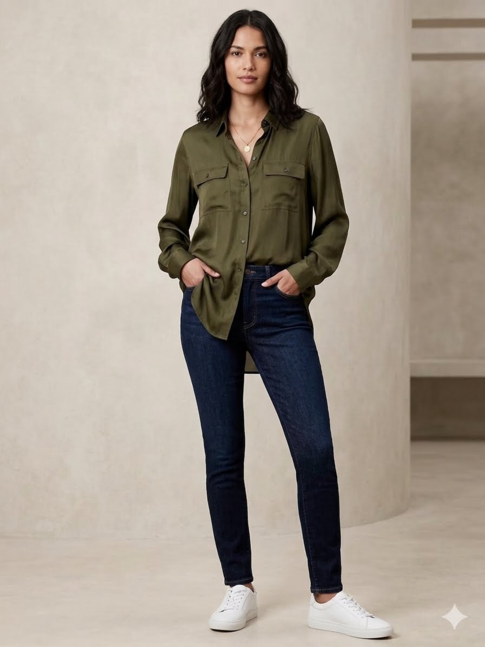 Banana Republic Olive Utility Button-Down Shirt-XL Tall